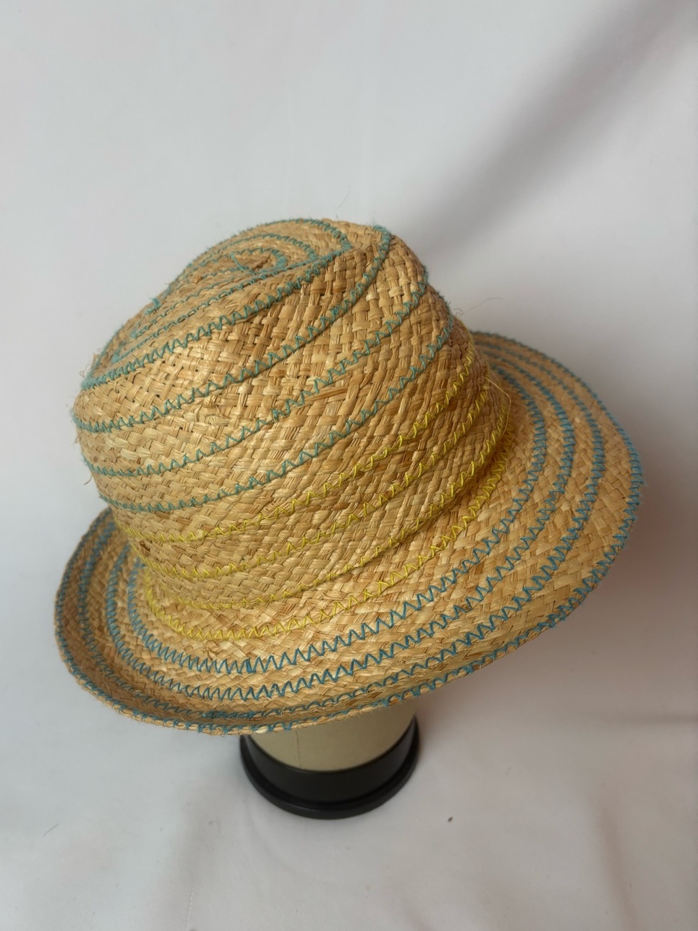 Flora Bella Women’s Raffia Straw Fedora Hat Natural Blue Yellow Stitching